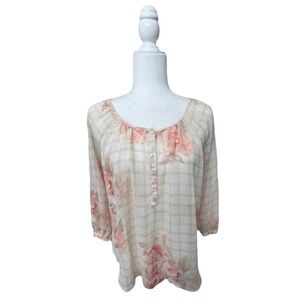 LC Lauren Conrad Cream Striped Floral Sheer Long Sleeve Top - Size Small